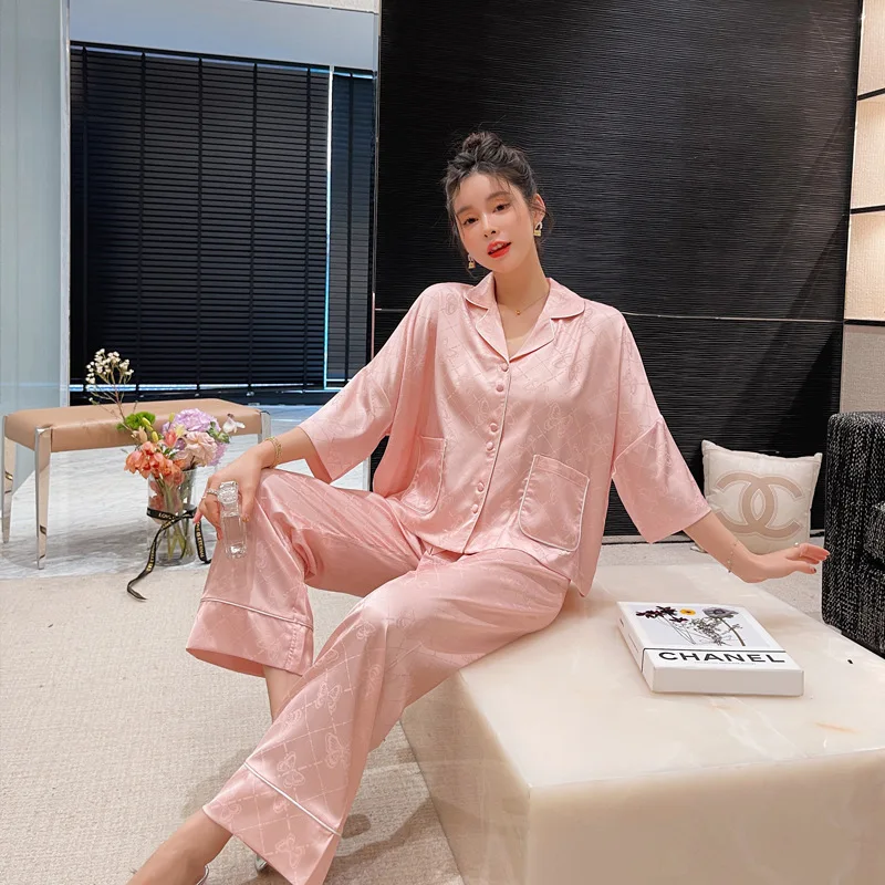 Solid Color Splicing Sleep Set Pajamas Lapel Sleepwear 2Pcs Shirt Pant Home Wear Casual Home Clothes Pj Suit Nuisette Femme