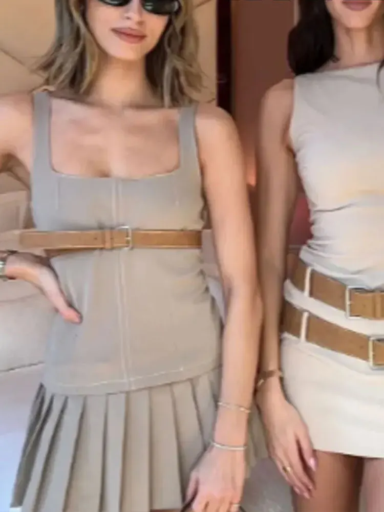 HH 2025 Verano Mujer Retro empalmado ​ ​ Falda con cinturón de cuero para mujer, minifalda plisada elegante de cintura alta con cremallera, ropa de calle