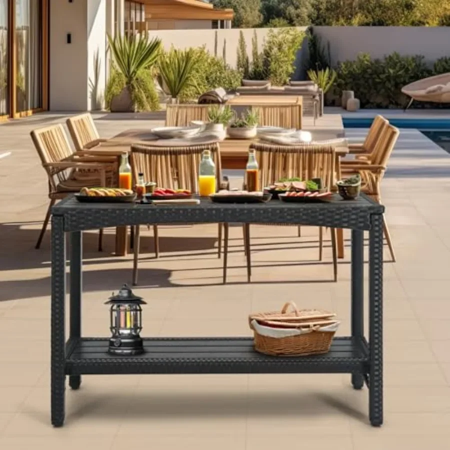 Outdoor console table for patio buffet and bar storage, wicker material, natural color, 45-inch long narrow tall rectangle with