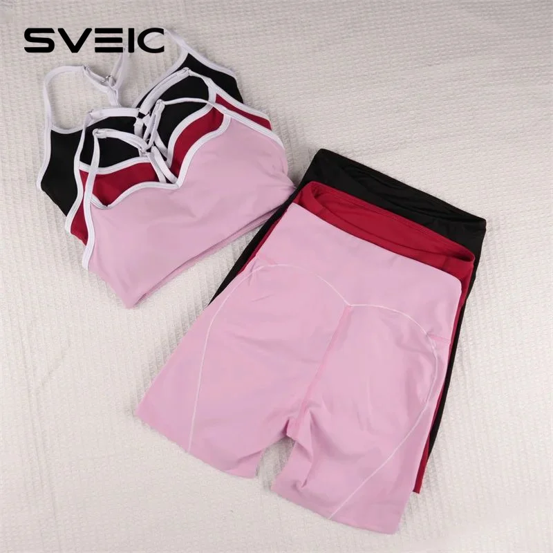 SVEIC Yoga Shorts Sets Fitness Sports Bras Suits Contrasting Color High Waisted Sportswear Workout Running Training Gym Clothing