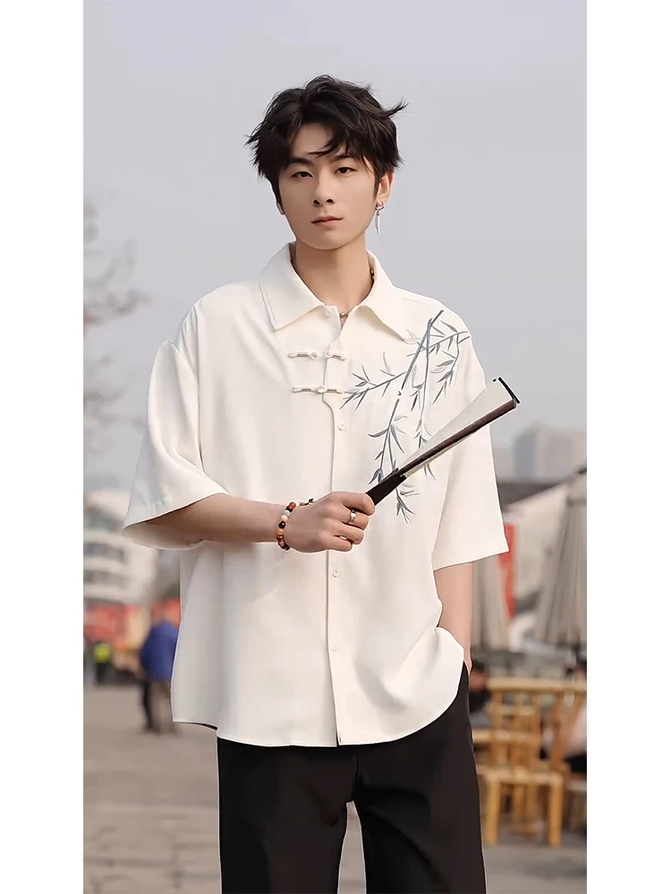 

Новая китайская мужская рубашка из ледяного шелка с вышивкой, с коротким рукавом, оверсайз, летняя, модная, молодежная.