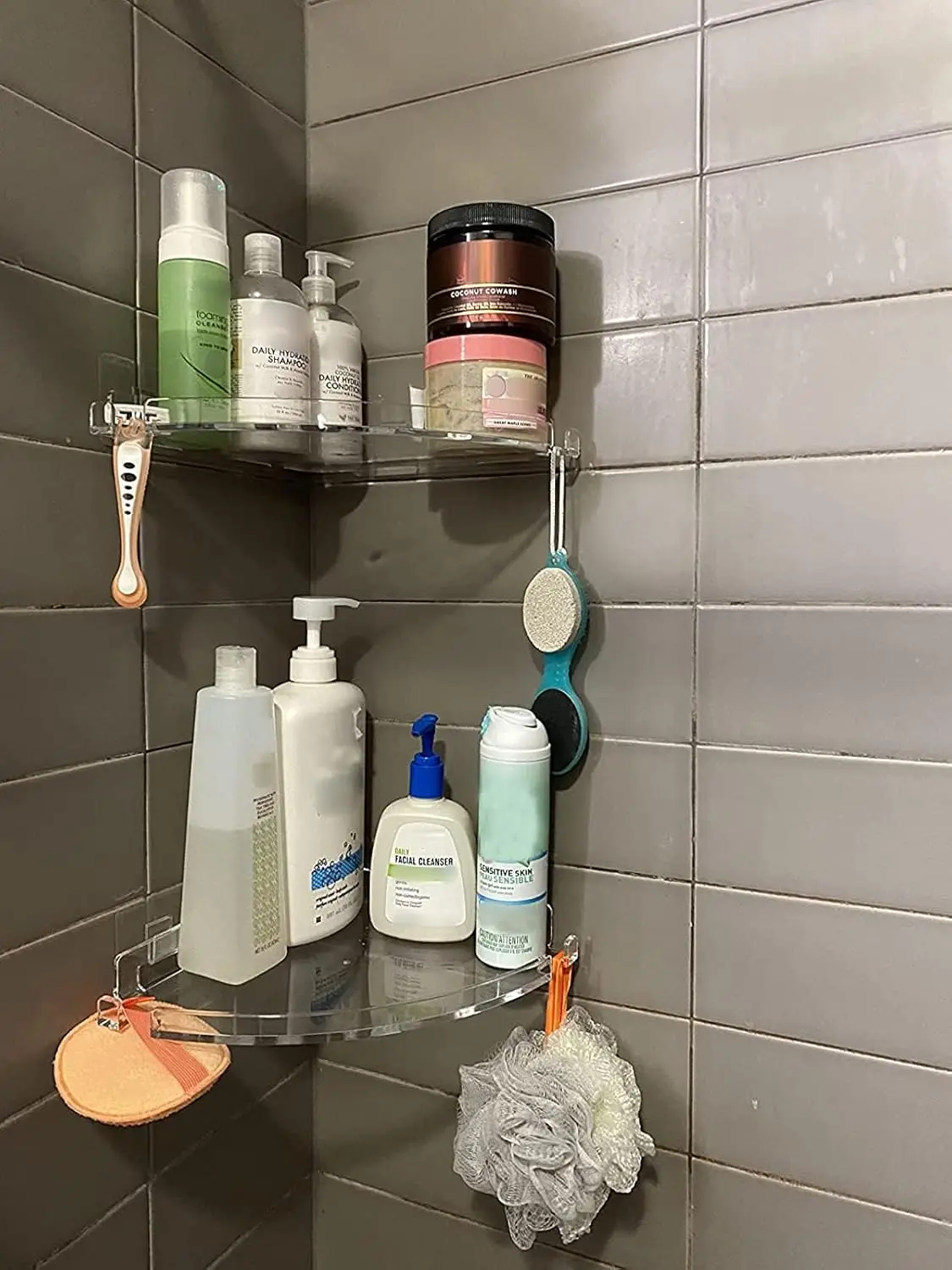 

Набор из 2 акриловых угловых полок для душа с крючками, самоклеящийся настенный органайзер для ванной и кухни