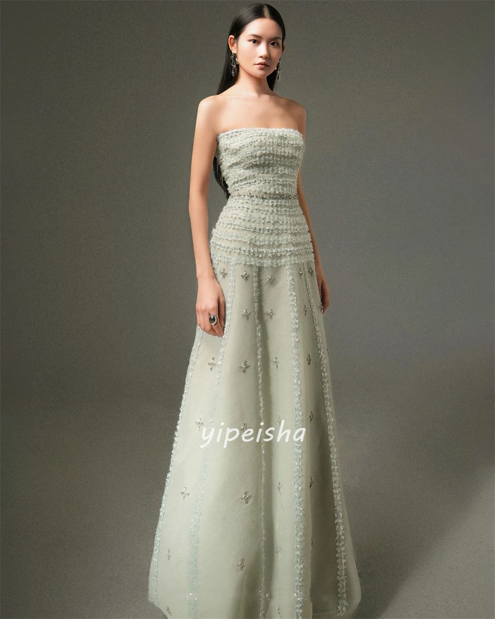 Customized High Quality Fashion Rhinestone Ruched A-line Evening Dress Modern Style Strapless Sleeveless Special Occasion Dress image 2