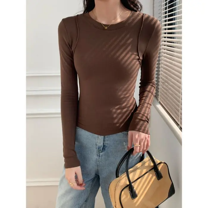 Neue O Hals Baumwolle Langarm T-shirt für Frauen Sexy Gestellte Tops Herbst Beiläufige Dünne Dünne Grundlegende Frau T Shirts Weiße Kleidung – Detail 9
