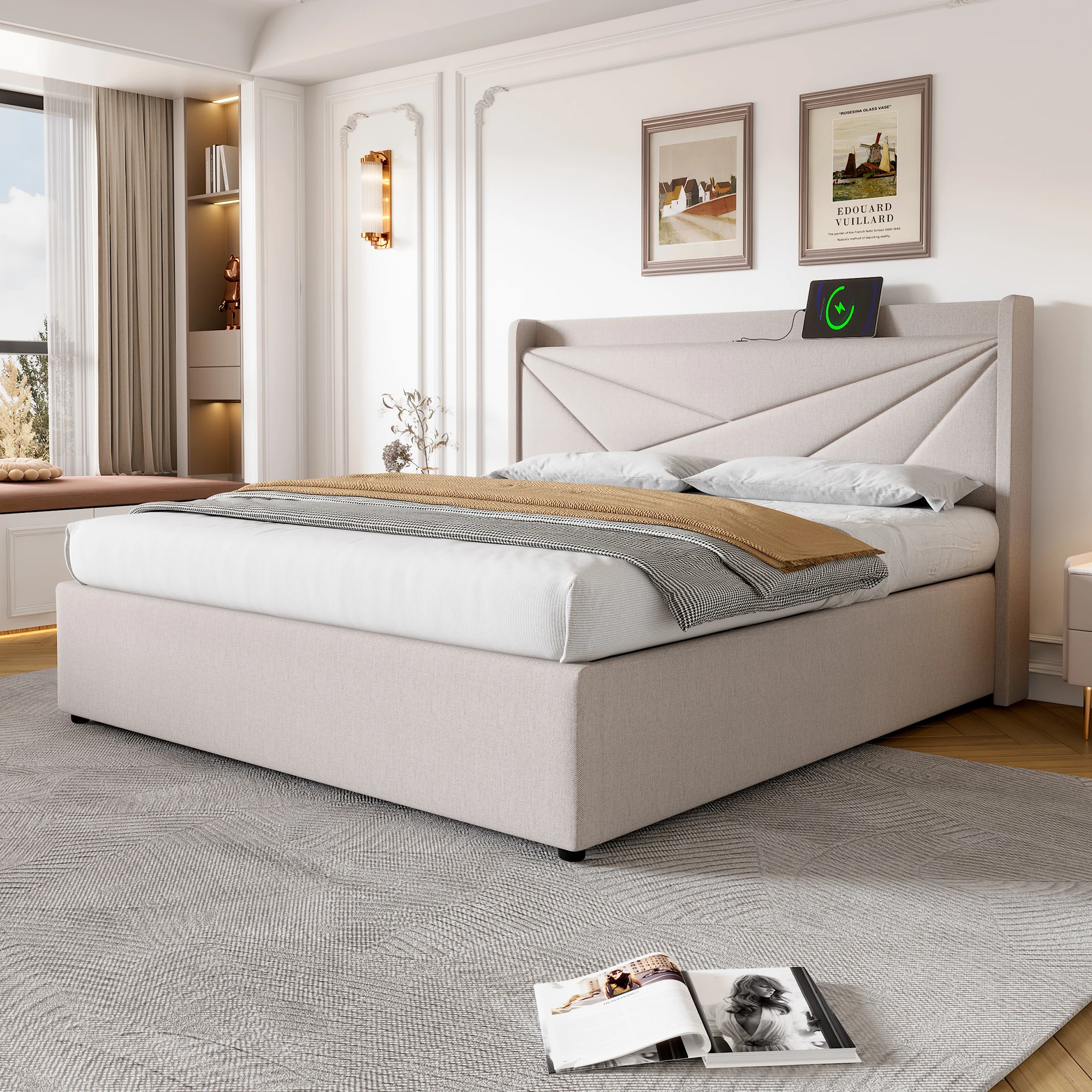 Lit coffre 140x200 cm - Sommier à lattes et USB - Beige