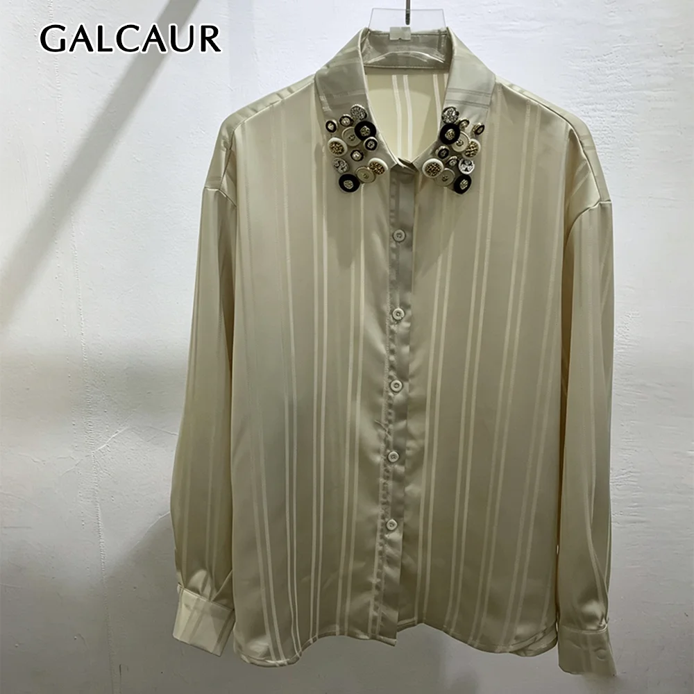 GALCAUR Button Spliced Sheer Loose Blouse for Women Turn Down Collar Long Sleeve Patchwork Stripe Casual Blouses Female Fashion