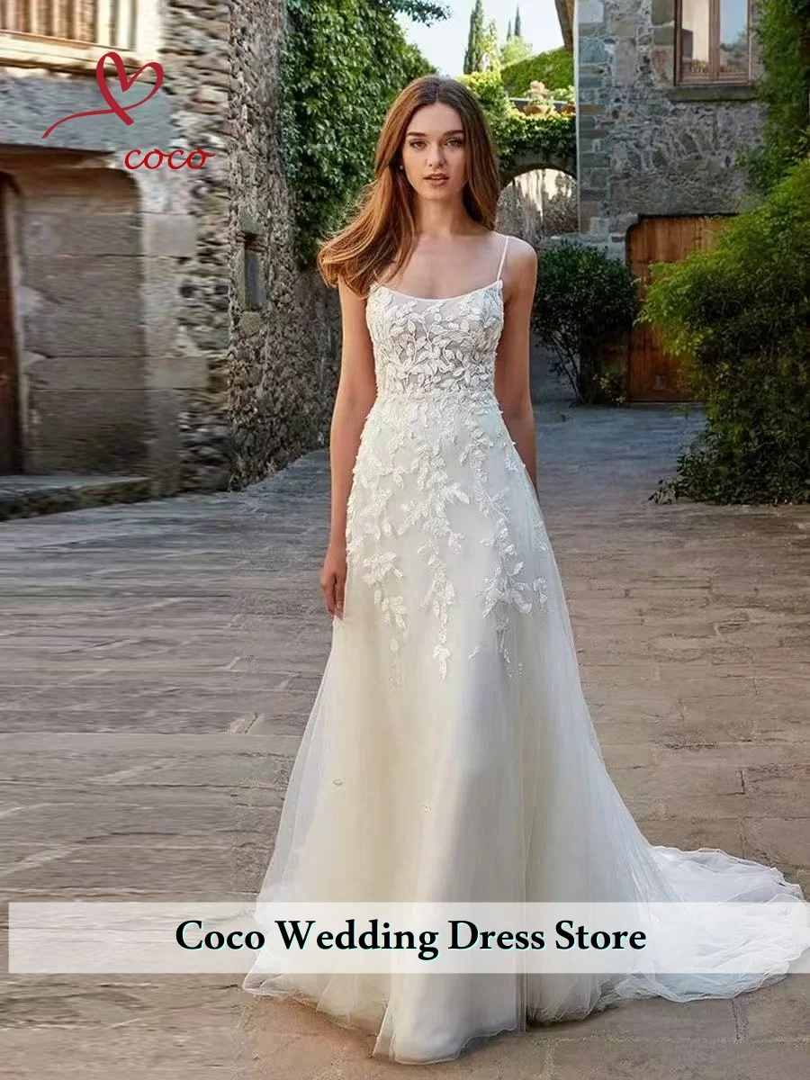 

Customized Spaghetti Strap Square Neckline Wedding Dress for Bridal Bead Lace Appliques Summer vestidos de novia Court Train