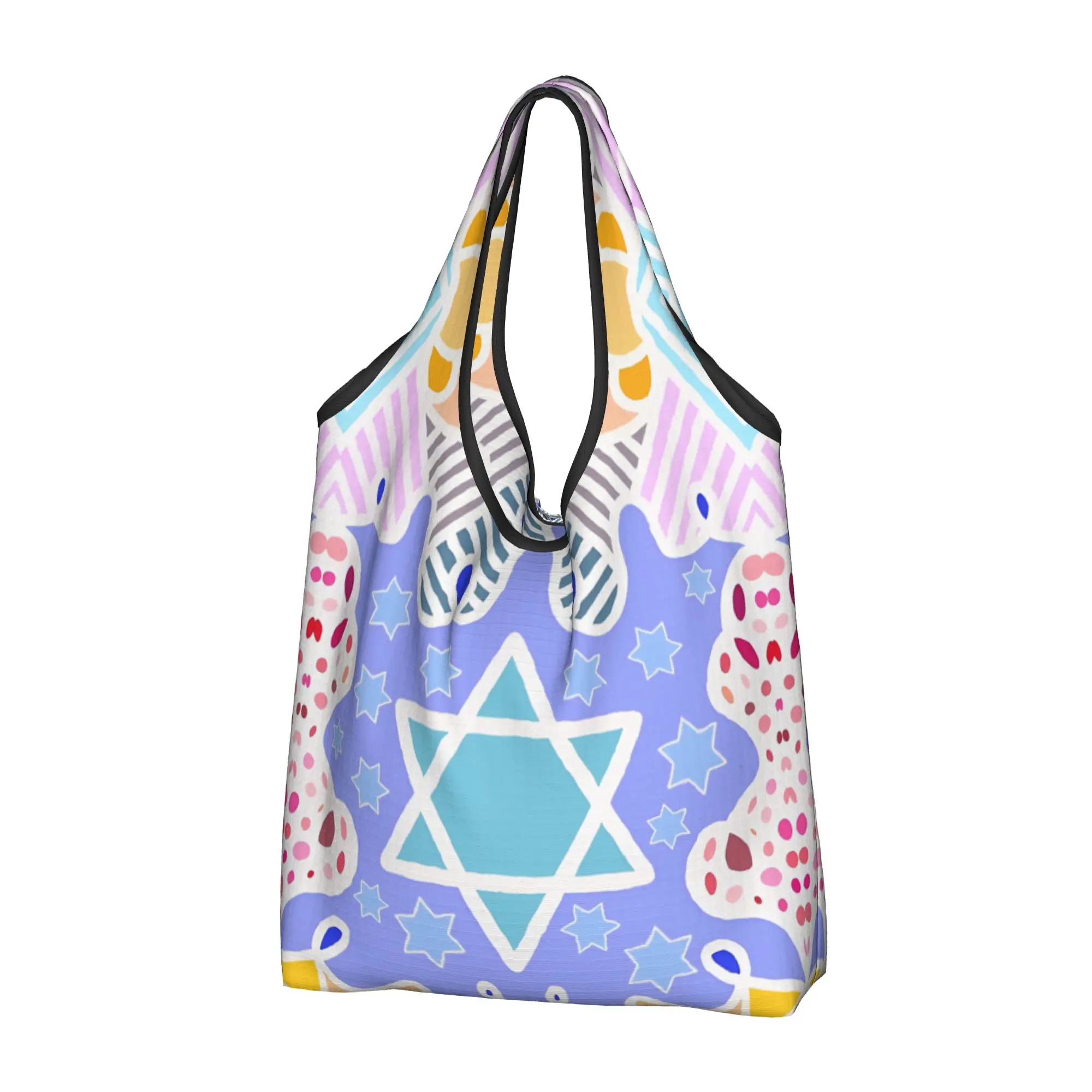 Custom Jewish Pastel Israel  Shopping Bags Women Portable Large Capacity Groceries Star of David  Shopper Tote Bags