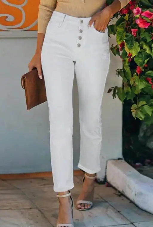 

Spring & Summer New Fashion Casual Women's Flange Button Tight and Perforated Jeans Personality Street Style Female Denim Pants