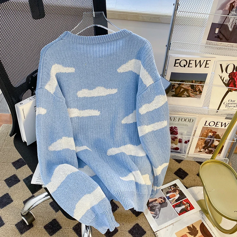 Suéteres estampados preguiçosos para homens, suéteres de manga comprida, roupas de casal tricotadas simples Harajuku, moda azul marinho, Japão