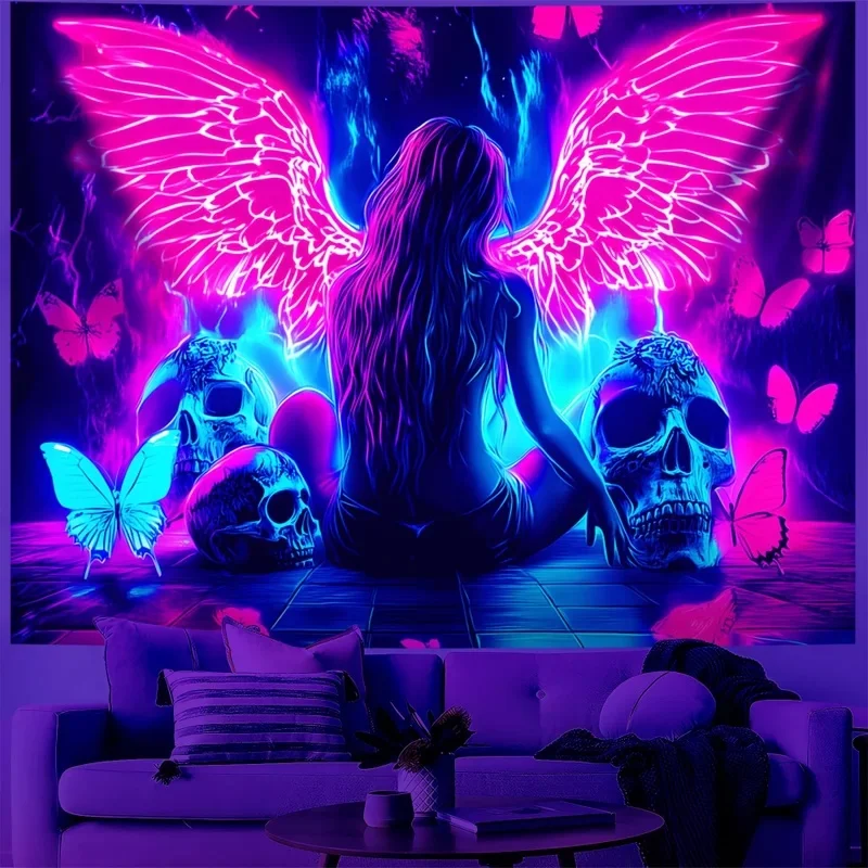 VIKAMA Blacklight Wall Hanging, Psychedelic Winged Lady Skull Butterfly Tapestry, Neon Dark Style Indoor Wall Decor