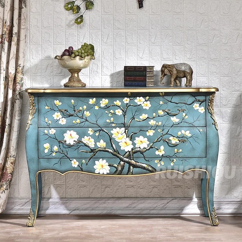 American Painted Solid Wood Porch Cabinet With Elegant European Western Flower Corridor Decorative Sideboard Bedroom Application