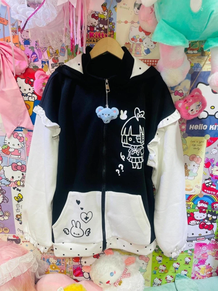 

Hikigawa Chic Fashion Women Kawaii Cartoon Print Rabbit Hooded Contrast Color Coats Casual All Match Zipper Jackets Top Mujer