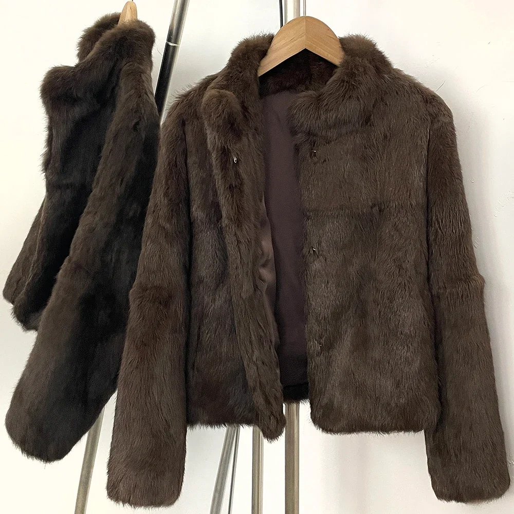 OFTBUY Modische Luxuriöse Kurze Warme Echte Pelzjacke Neue Herbst-Winter-Kleidung für Damen Einfarbiger Natürlicher Kaninchenfellmantel – Detail 12