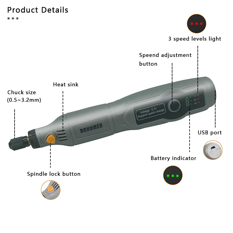 DONUMEH Cordless Drill Mini Grinder Rechargeable Removable Battery Engraving Variable 3 speed adjust Rotary Tool Dremel Engraver