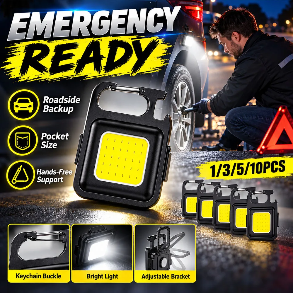 Multifunctional Mini COB Keychain Light Portable LED Pocket Torch 3 Brightness Modes Built-in Hook & Folding Stand Compact Work