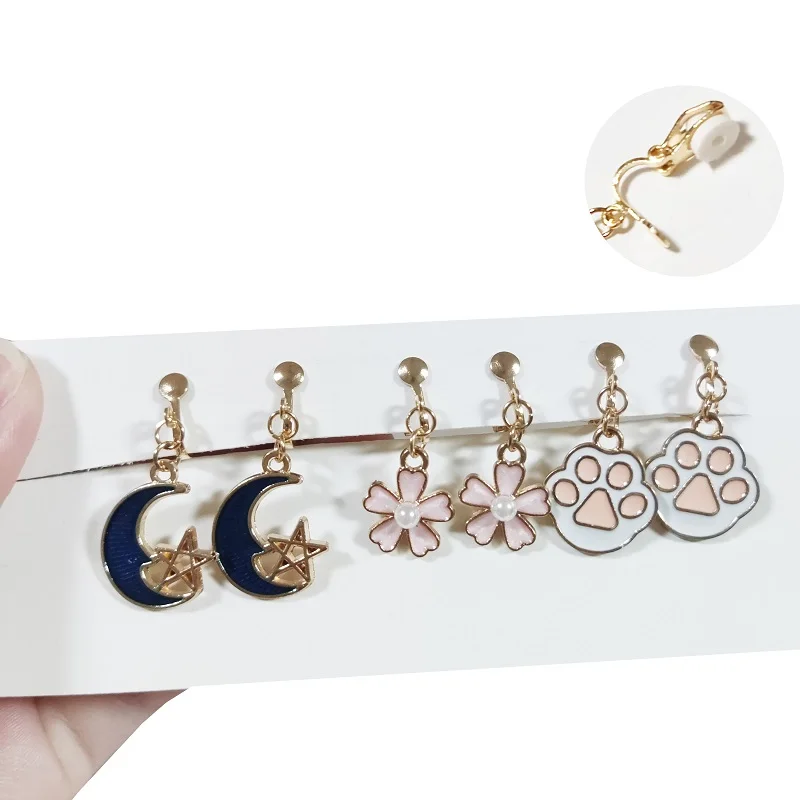 3Pairs/Set Korean Fashion Cute Animal Moon Pink Flower Bear Paw Clip Earrings For Kids Rabbit Earring Girls Party Jewelry