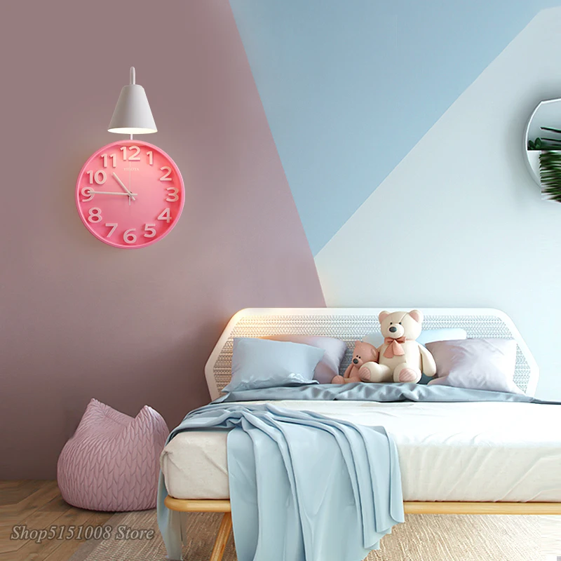 

Children's room wall lamp girl boy Nordic simple background eye protection clock wall light bedroom bedside lamp decor Fixtures