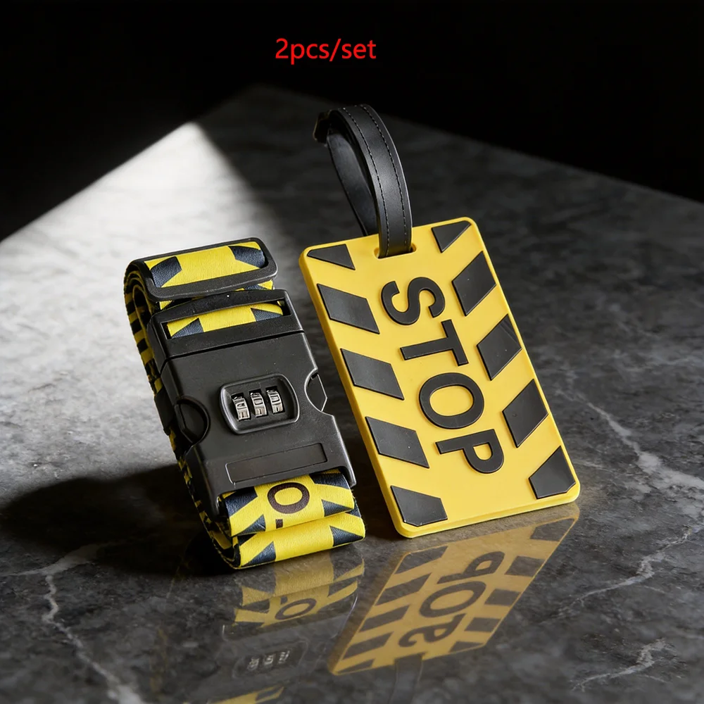 2-Piece Set of Stop Lane-Printed Luggage Straps + Luggage Tag Set, Polyester Buckle Straps, Anti-Loss Design, Password Lock Anti-Theft Model, Silicone Anti-Loss Tag, Wear-Resistant and Lightweight, Luggage Accessories Specifically for Traveling Passengers Adjustable Anti-Crack Reinforced Version, Specifically Designed for Business Travel/Travel Luggage, a Must-Have for Airport Check-In.