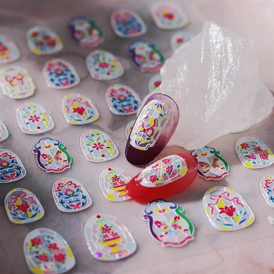 Luxury Chinese Shiny Flowers Butterfly Snake Stained Glass Painting Lattice Window Gem New Nail Art Sticker Shell Manicure Decal