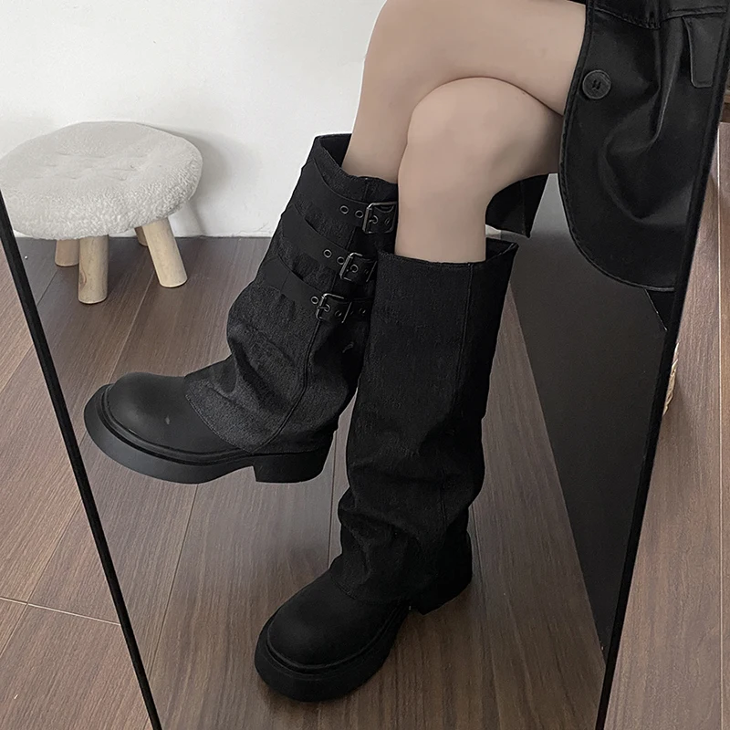 Vintage Women Knight Long Boots Fashion Elegant Slip On Shoes Platform Thick Heel Women\'s Western Knee-High Booties