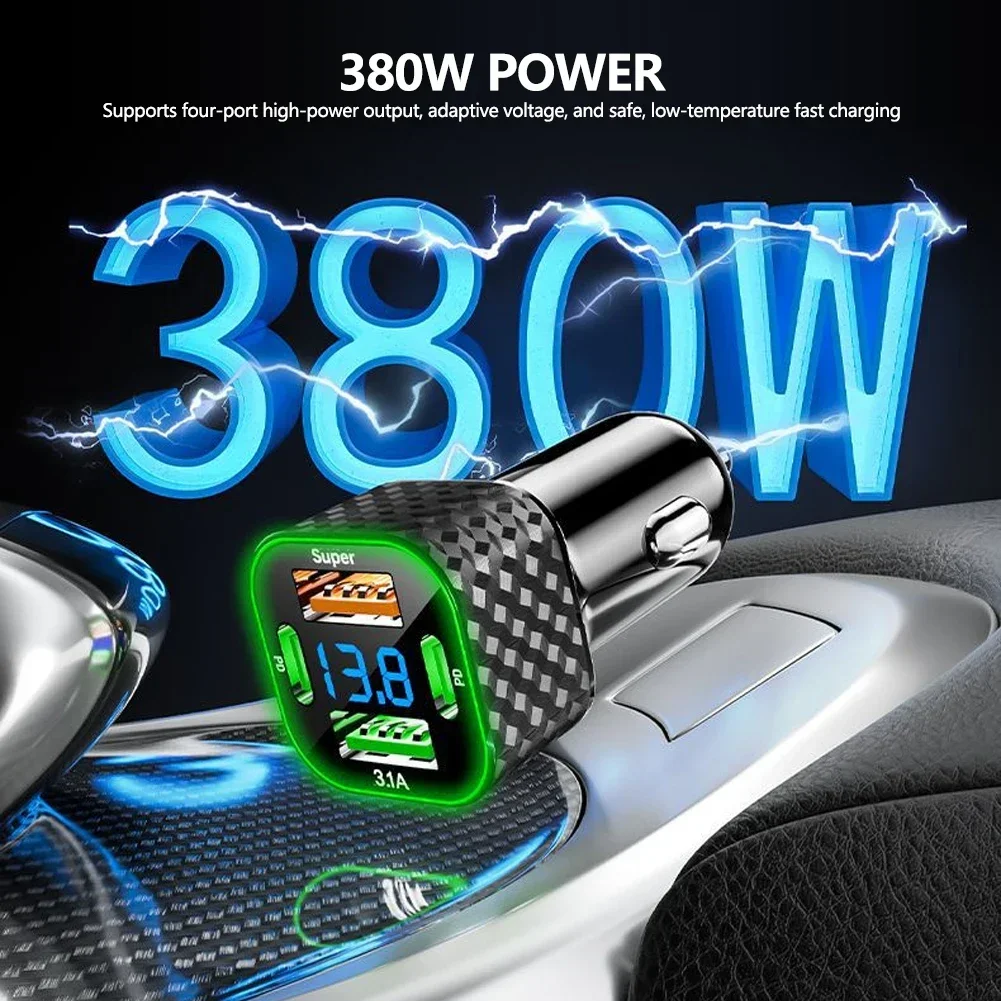 4 in 1 Car Phone Charger USB C Dual PD with Voltage Display 380W Super Fast Charge Adapter with iPhone/Android/Samsung Galaxy