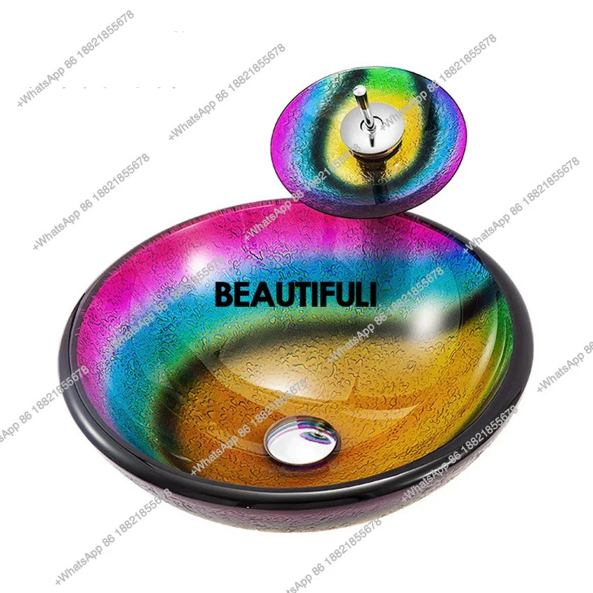 RR Mediterranean style  Round tempered glass Table Basin Household Wash Basin Art Engraving Counter Bath Vessel Sink with Tap