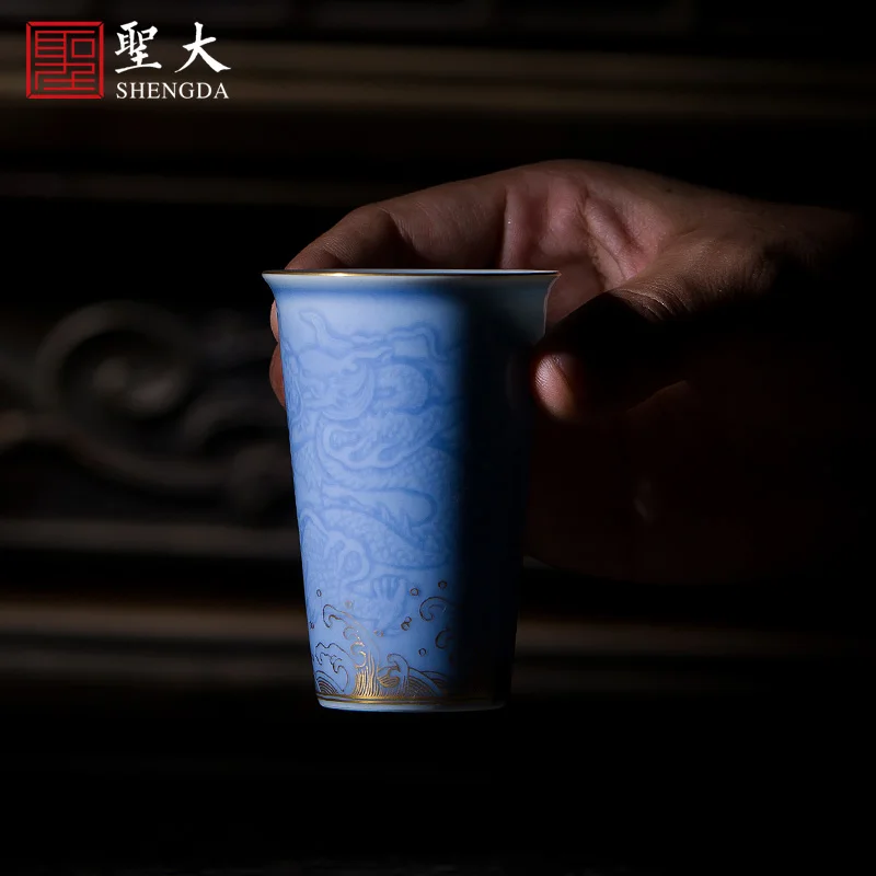 

|ceramic kungfu azure glaze dark carved yunlong paint water lines fragrance-smelling cup of jingdezhen tea service