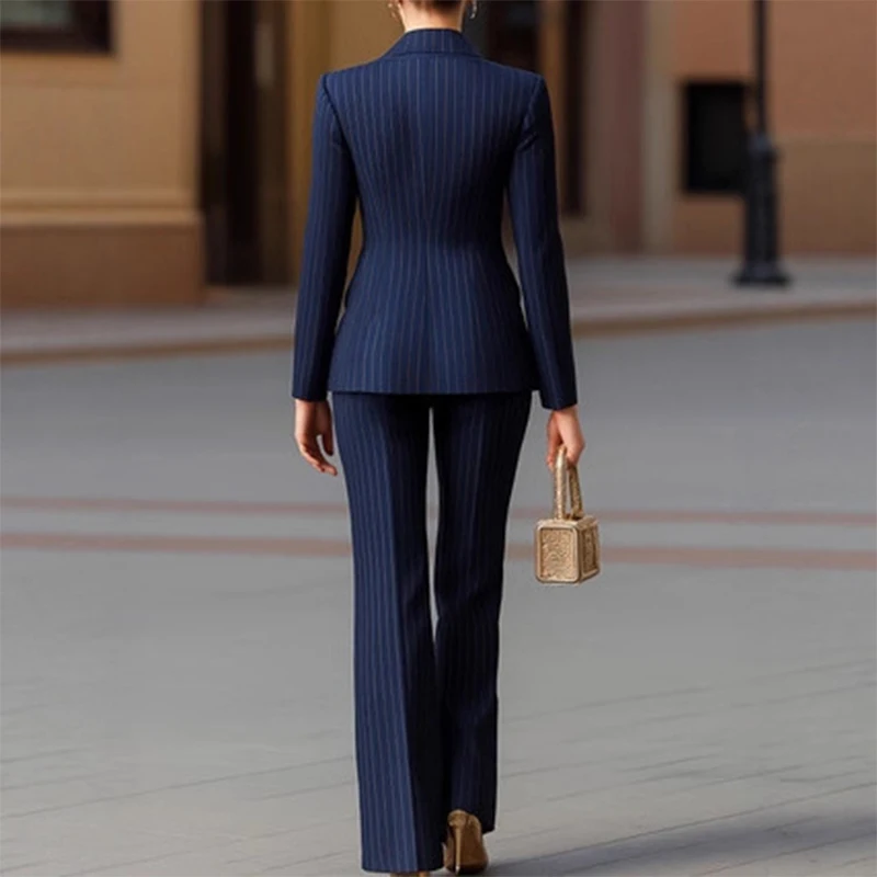 Fashion Autumn Winter Ladies Pant Suit Women Striped Female Business Work Wear Jacket Blazer and Trouser Formal 2 Piece Set