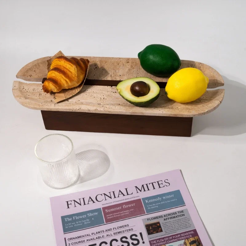 Wooden Serving Tray with Stone Insert Decorative Fruit Plate Nordic Home Centerpiece for Snacks Jewelry Display Rustic Decor