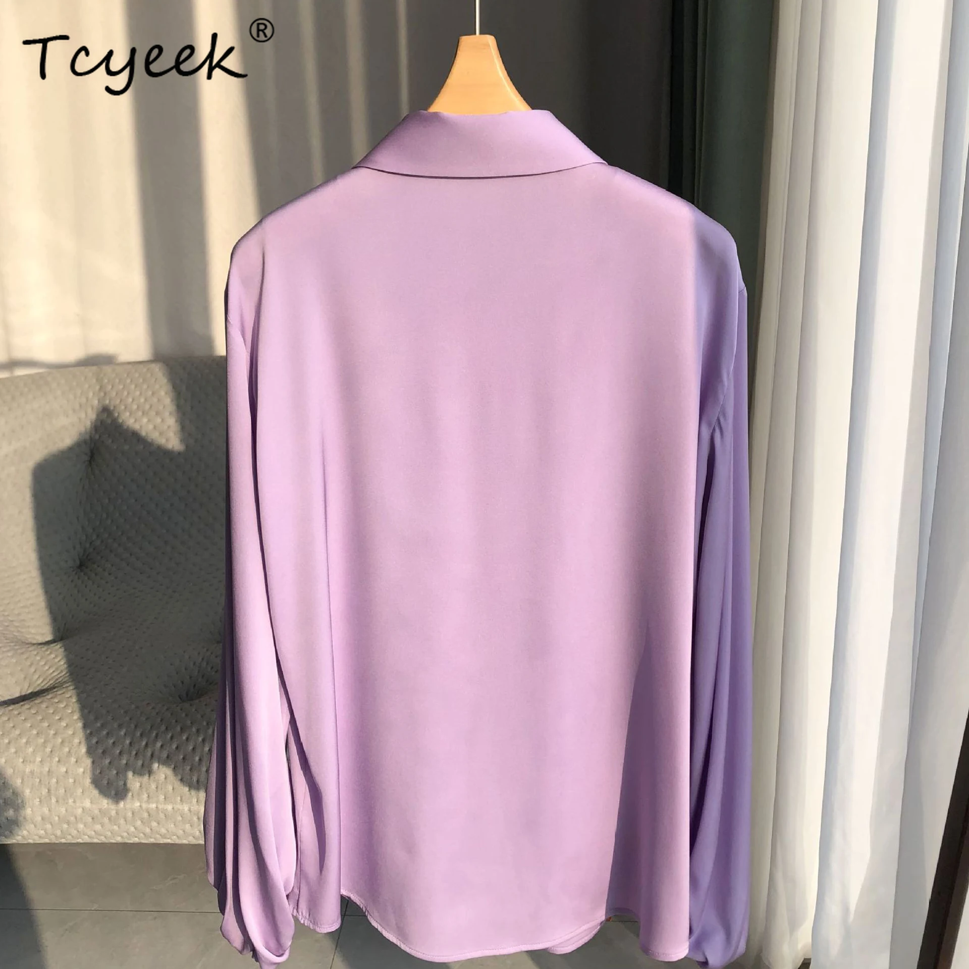 Tcyeek, elegancka koszula damska, długi rękaw typu latarnia, luźna bluzka codzienna, 95% jedwab, 5% spandex, kolekcja wiosna-jesień 2024 T4N932JC