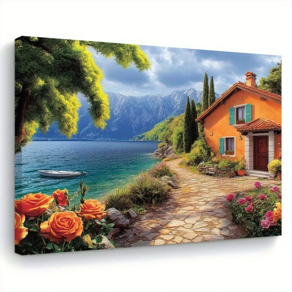 

Каркас из деревянной сосны толщиной 1,5 дюйма, художественная роспись для интерьера, фреска для домашнего декора, холст «Коттедж Озеро Дом»,