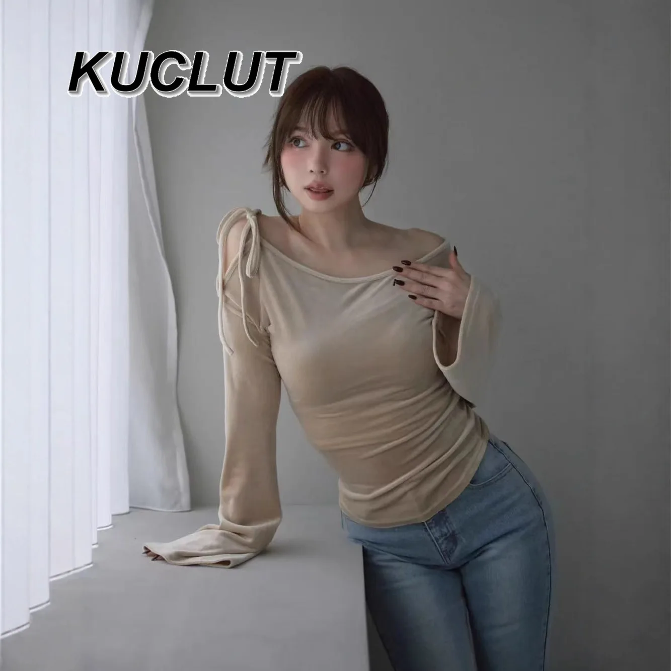 

Long Sleeve Tops Japanese Style Pure Desire Off-Shoulder Top for Women Autumn Winter One-Shoulder Slim Fit Base Shirt