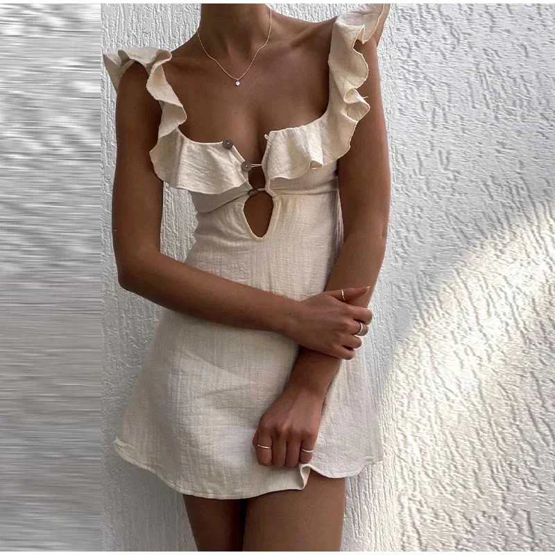Elegant Cotton Linen Hollow Out Mini Dress Women Square Neck Backless Buttons Ruffles Sexy Short Dresses Summer Holiday Vestido