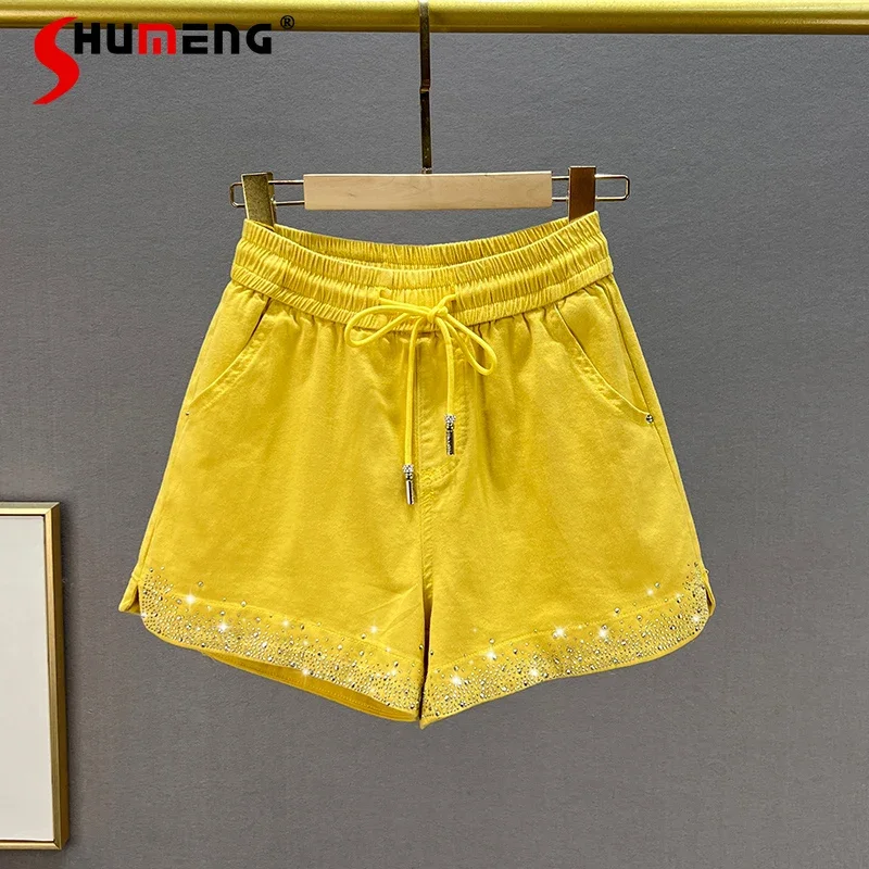 Hot Rhinestone Denim Shorts Women Trendy 2022 Summer Shorts High Waist Slimming Thin A- Line Wide Leg Shorts Female Hot Pants