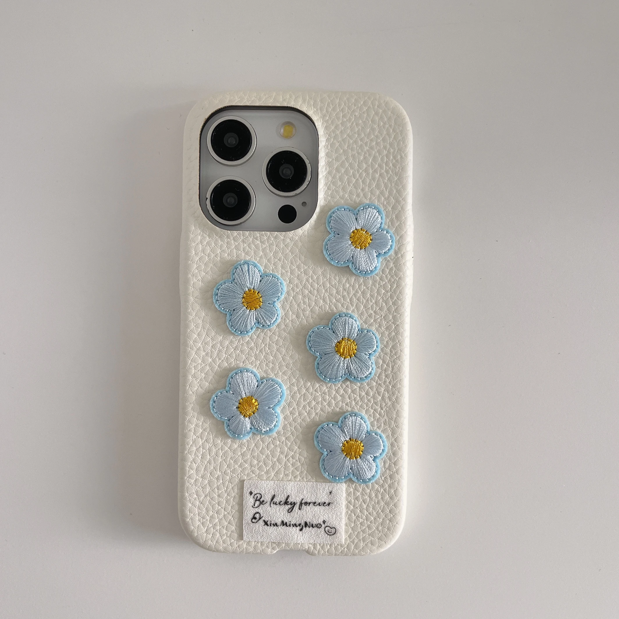 Korean INS White Leather Texture Blue & Yellow Flowers Cute Phone Case for iPhone 15 14 13 Pro Max Back Cover for 12 Pro Funda