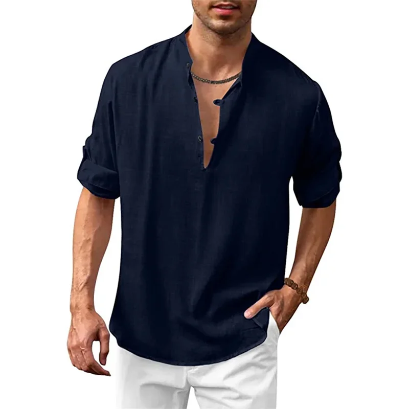 Men V Neck Button Splicing Pullover Shirt Simple Style Solid Color Cotton Linen Blouse Male Beach Casual Long Sleeves Loose Tops