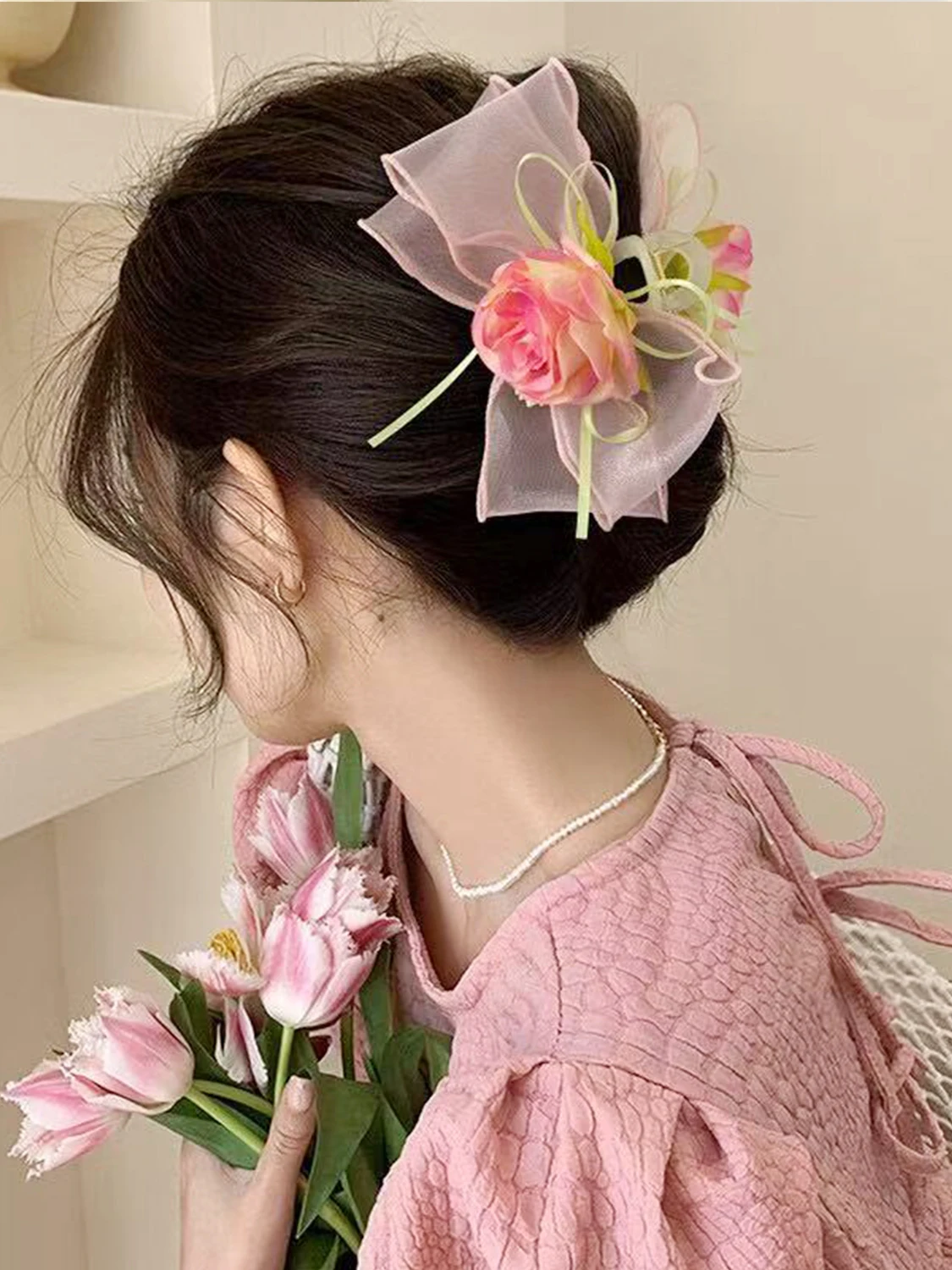 1pc spring lace flower grab clip, elegant pastoral resort style shark clip on the back of the head, ponytail hair grab
