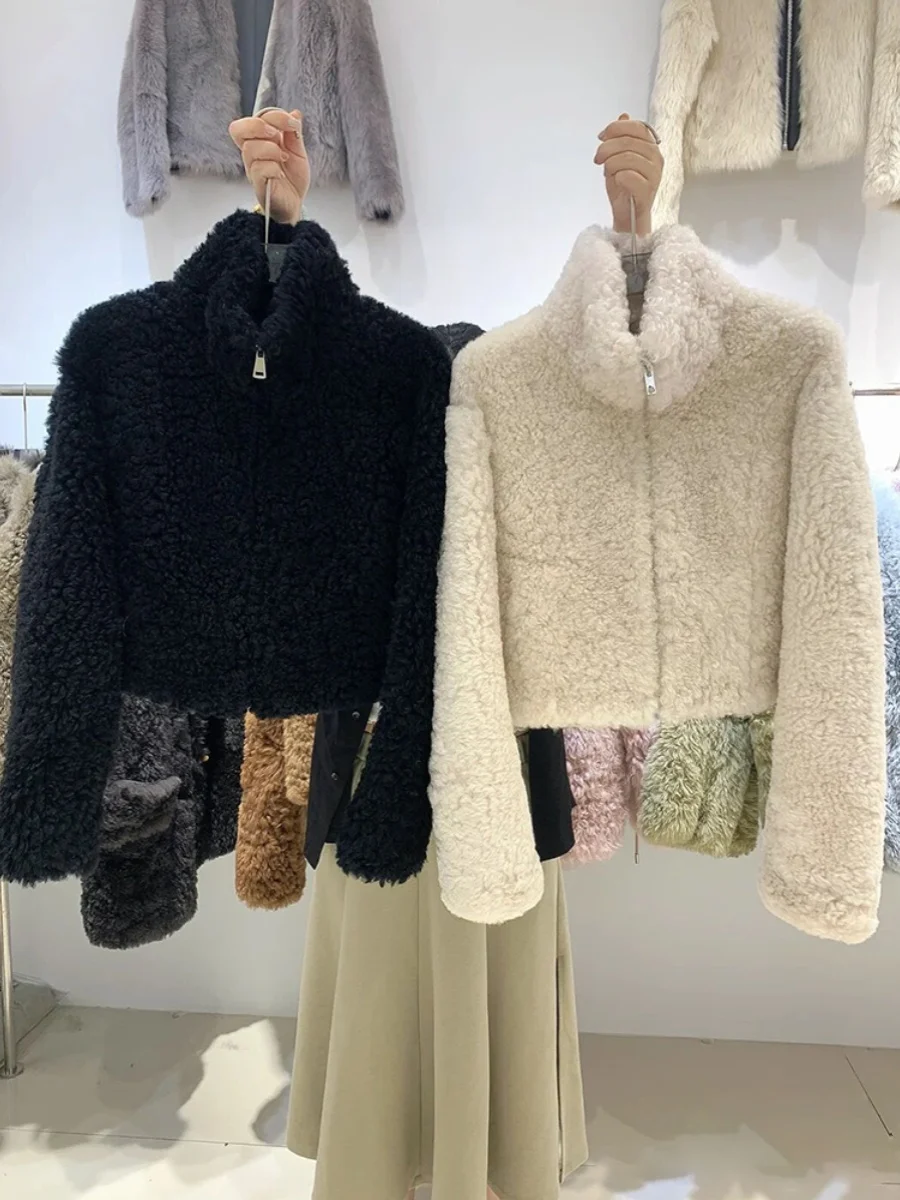 

Sli Warm Thiened Lamb Fur Jaet Women's ort Sle Stand Collar Autumn Winter Faion High-End Feeling Small Size Top