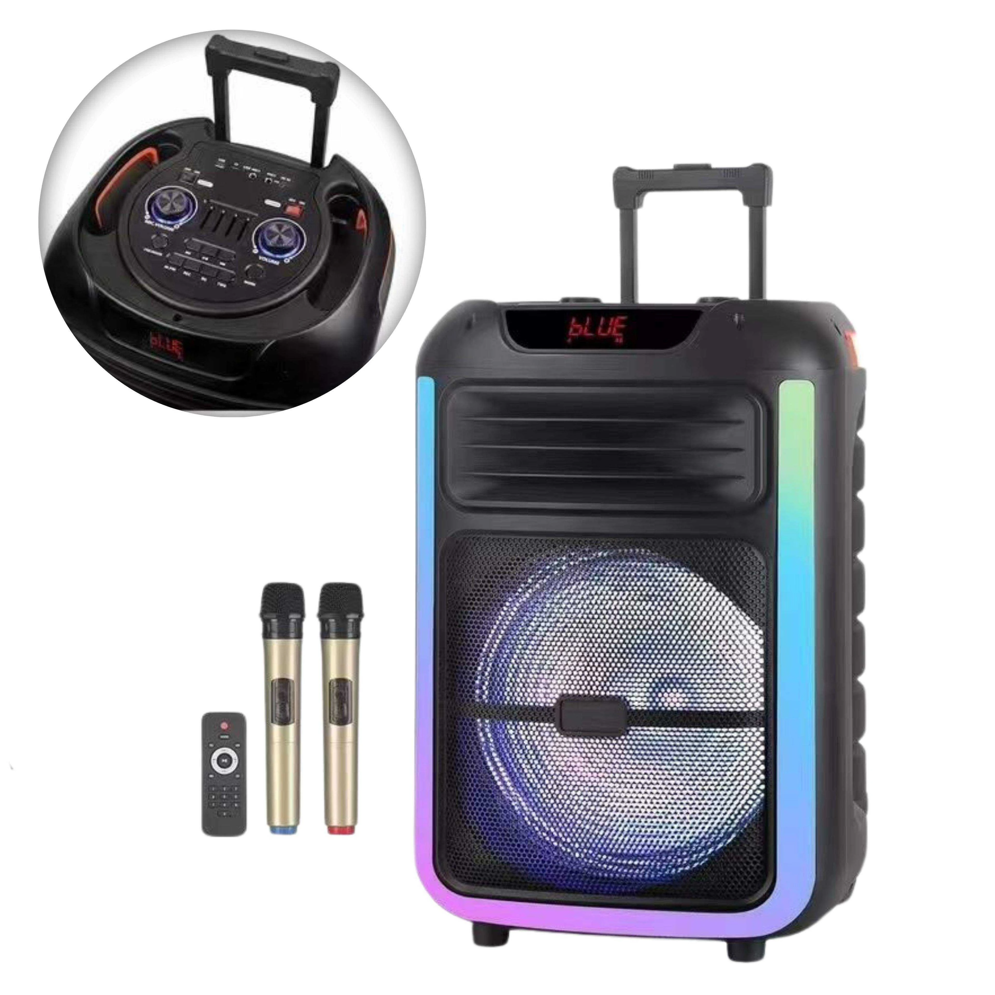 

Portable Party Trolley Karaoke Speaker Dual Wireless Mic RGB LED Light Stage HIFI Outdoor Subwoofer Mobile Phone