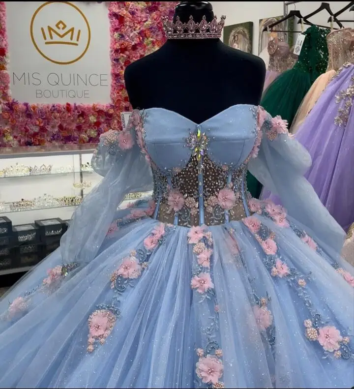 Sky Blue Gillter Tulle Princess Quinceanera Dresses with Long Sleeve Sweetheart 3D Floral Corset Vestidos quinceañera modernos