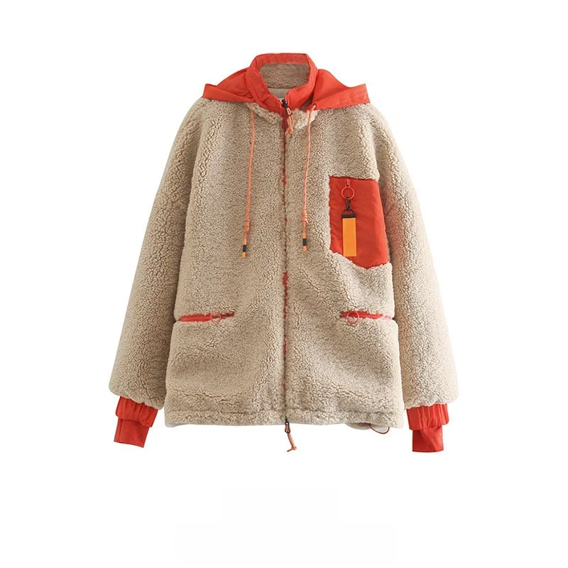 

Women's Fleece Jacket Vertical Collar Hat Ornaments Elastic Stitching European And American Style Fall/Winter Collection