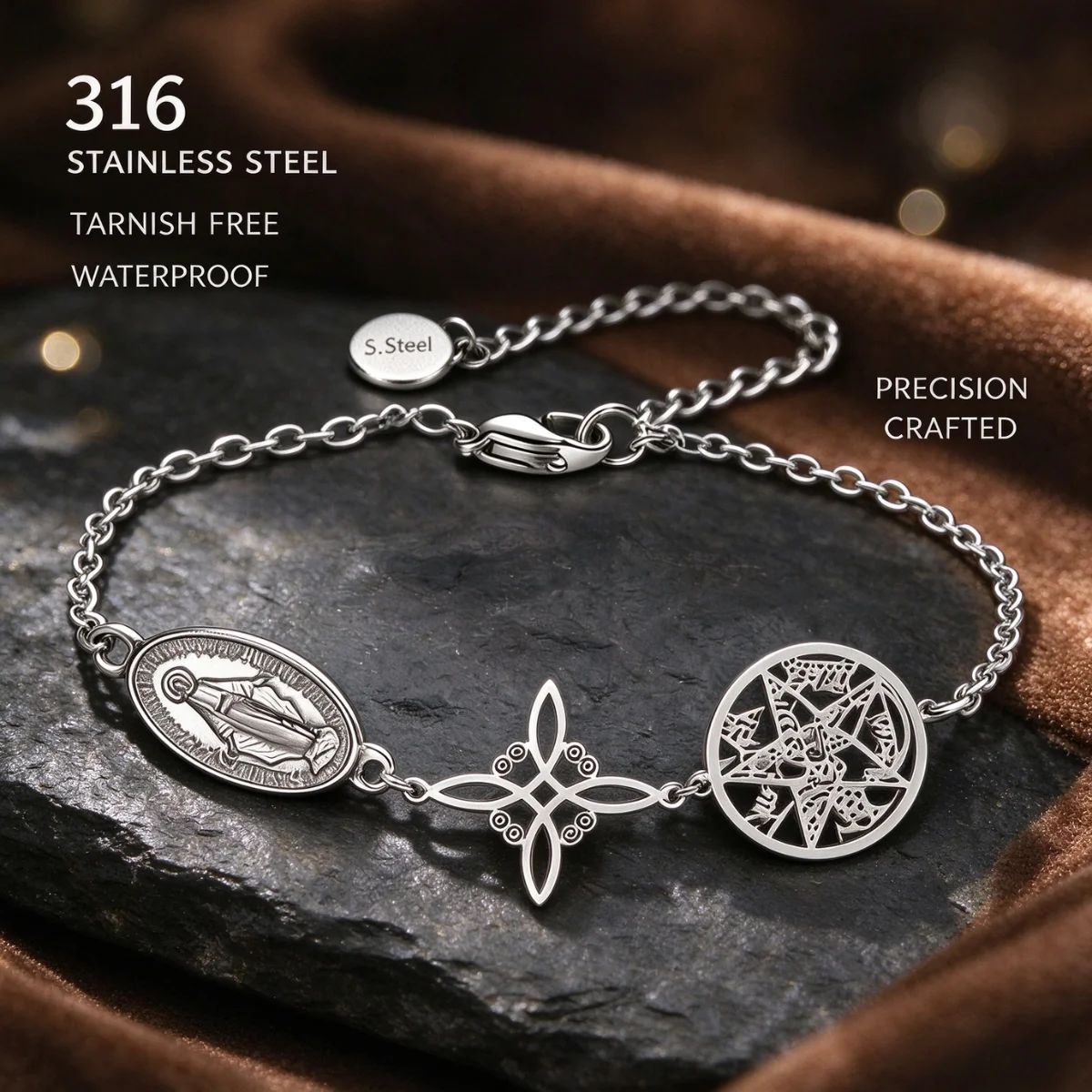 Edelstahl-Armband mit dreifacher Schutzfunktion, silberfarben, Jungfrau Maria, Hexenknoten, Pentagramm, Tetragrammaton, Handgelenkschmuck – Detail 4