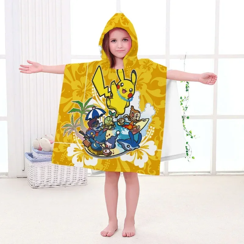 Pokemon Pikachu Children Cape Hooded Bath Towel Boys Girl Kids Cartoon Cotton Beach Robe Cute Bathroom Beach/Swimming Towel