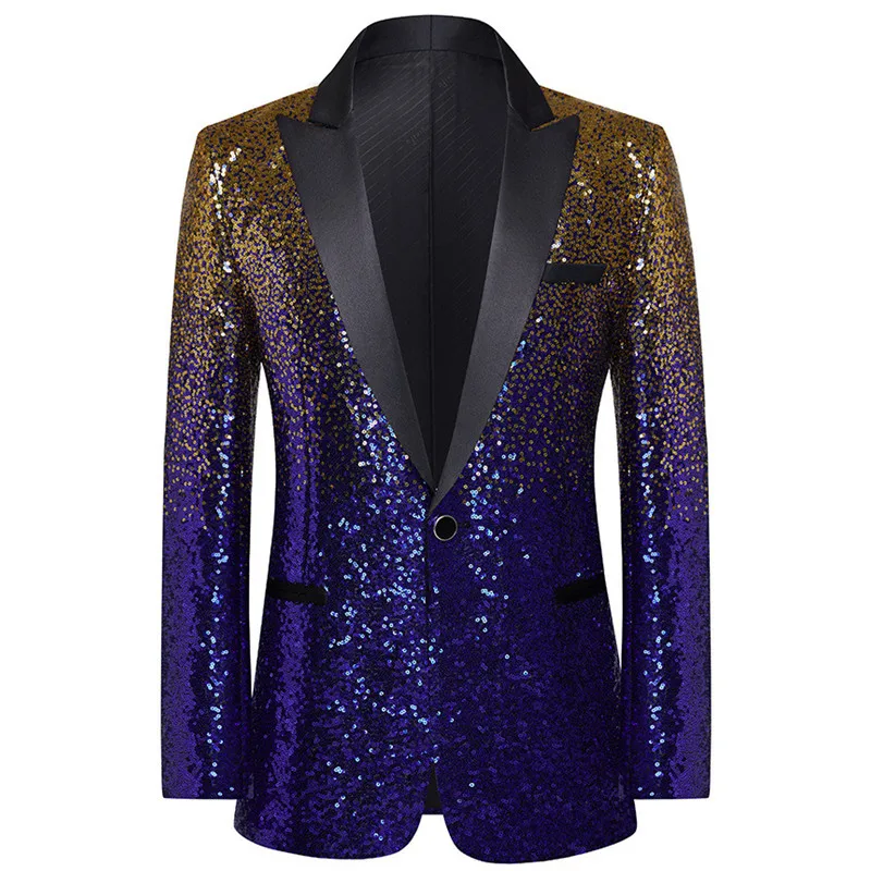 Men's Singer Gradient Color Sequins Blazer Bar Stage Performance Single Button Shawl Collar Suit Jacket Evening Tuxedo Costume