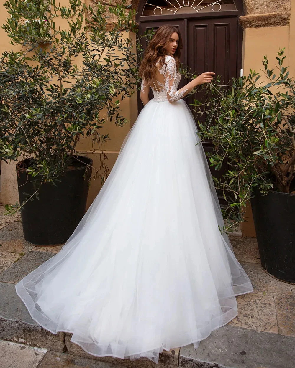 Vestido De novia De manga larga con cuello en V, apliques De tul, línea A, elegante y hermoso, vestido esponjoso, nuevo vestido De novia De princesa