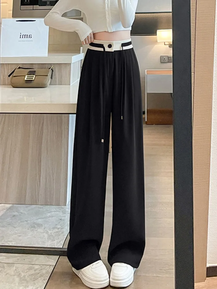 بنطلون واسع الساق بخصر مرتفع للنساء، تصميم فريد بألوان متباينة مع رباط خصر، بنطلون كاجوال مستقيم الساق لفصلي الربيع والخريف