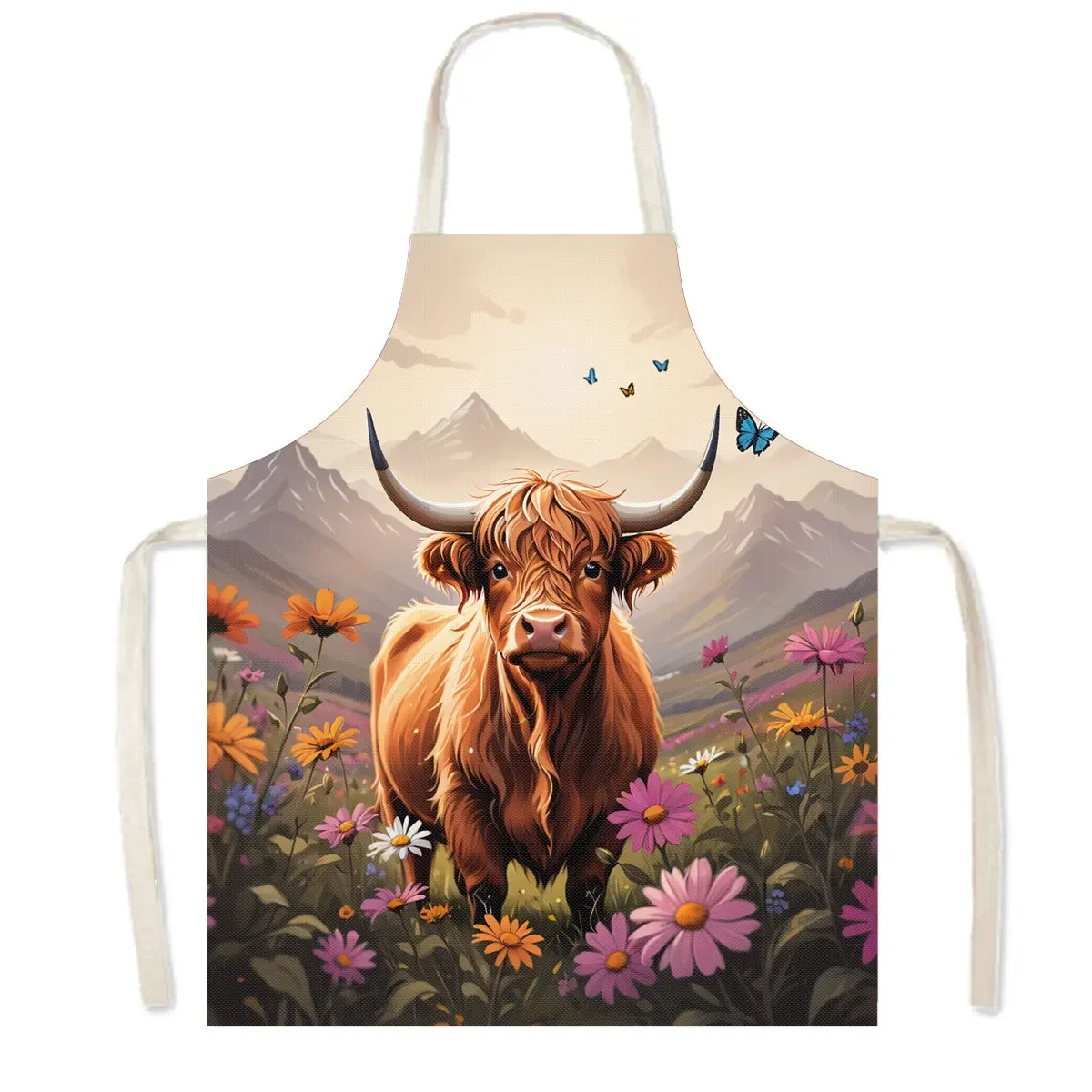 Cute Animal Highland Cow Print Cooking Apron Women Men Baking Home Cleaning Clothes Aprons Chef Waiter Barber Pinafore Gift