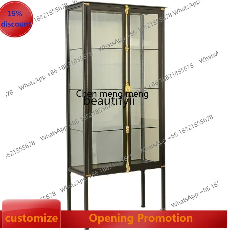

ss7486 SS new style Retro Iron Art Transparent Glass Display Showcase Storage Rack Household Industrial Wine Cabinet