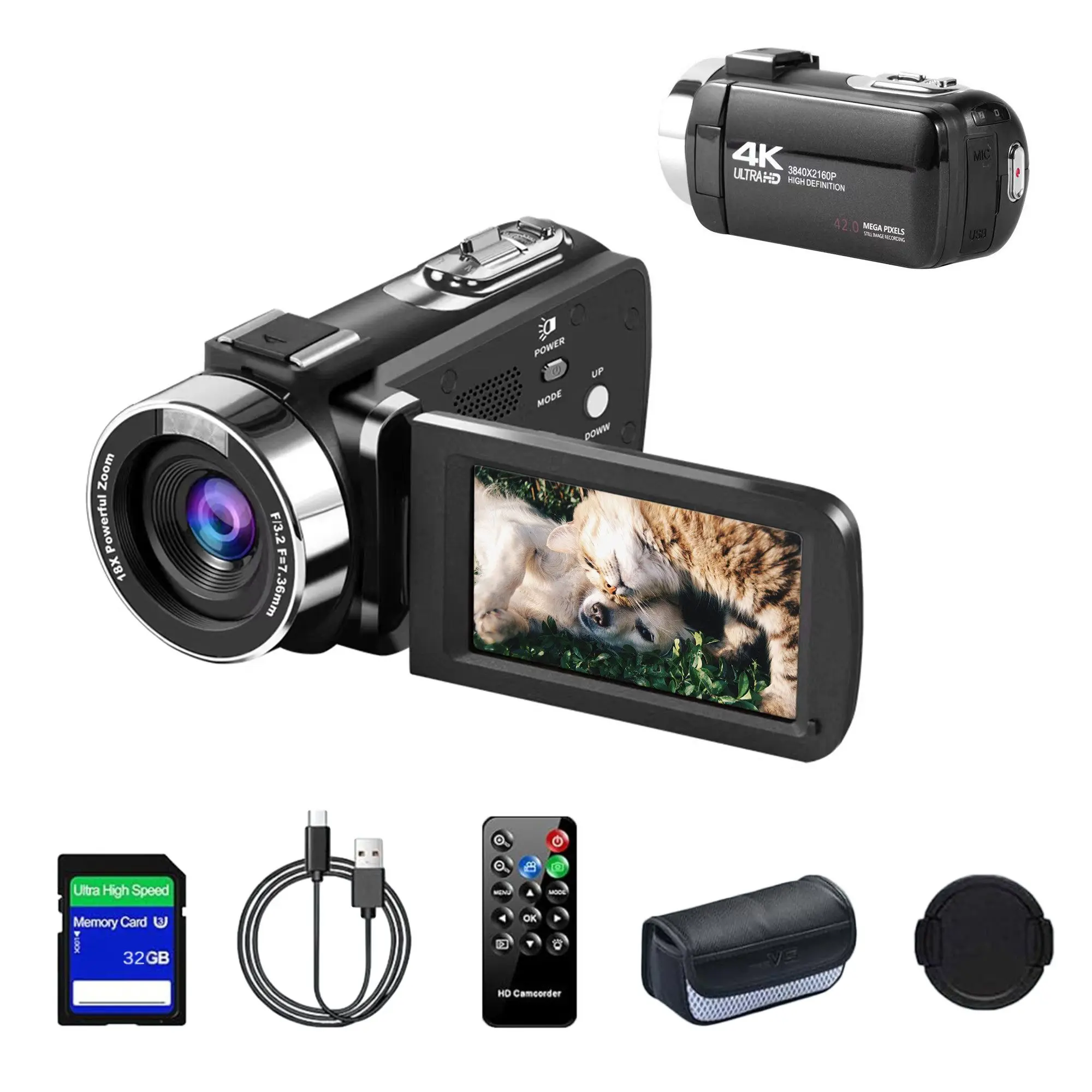4K HD Camcorder mit 42MP Auflösung, 3" IPS Display, 18X Digitalzoom, 32GB SD Karte, Externes Mikrofon, 90 Min. Aufnahmezeit, Einsteigerfreundliche Videokamera für YouTube, Vlog, Reisen &